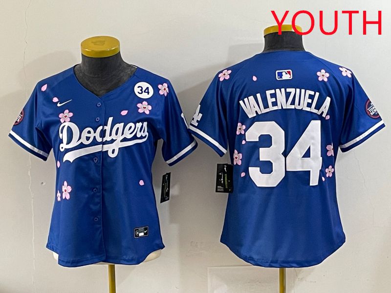 Youth Los Angeles Dodgers 34 Valenzuela Blue Sakura Edition 2025 Nike MLB Jersey style 38